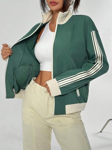 Verdusa Women's Striped Color Block Bomber Jacket Zip Up Long Sleeve High Neck Jacket Outwear3