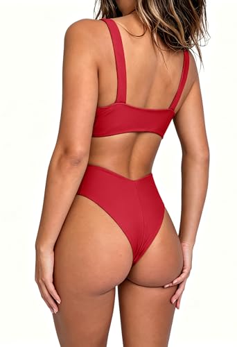 Image of geluboao Bikini Set for Women Solid V Neck Knot Front Push Up High Leg Thong Two Piece Swimsuit