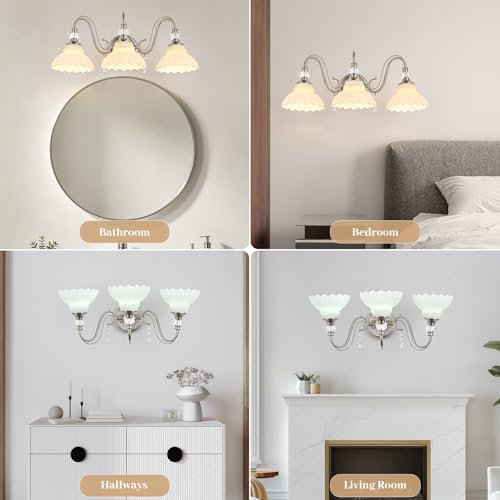 Image of Brushed Nickel Bathroom Vanity Light, 3-Light Nickel Finish Wall Sconce with Hanging Crystal Accents and Flower-Shaped White Glass Shades, Modern Wall Mount Vanity Light Over Mirror for Bathroom