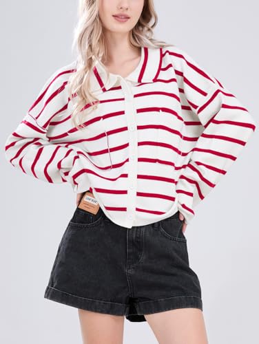 Image of chouyatou Women's Button Down Striped Cardigan Sweater Polo Collar Open Front Knit Jacket 2024 Fall Outfits
