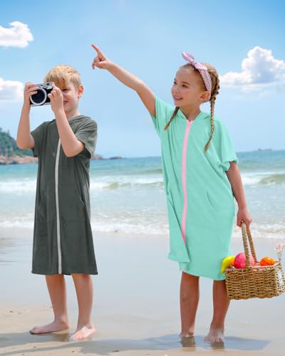 BesserBay Mädchen Kurzarm Frottee Badeponcho mit Kapuze Taschen Reißverschluss Unisex Surf Poncho Grün 150