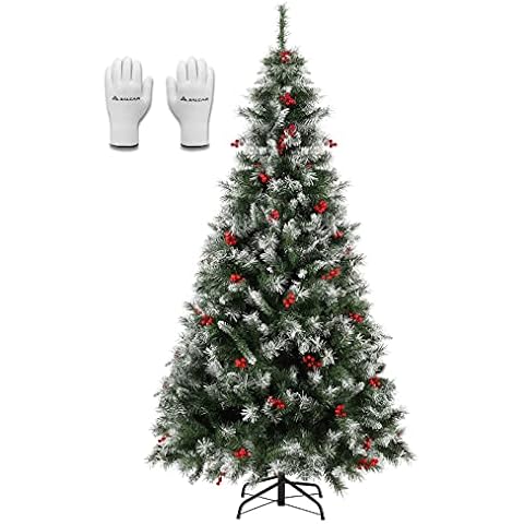SALCAR 6Ft Christmas Tree, Snow Flocked Artificial Pine Slim Christmas Trees with Pre-Decorated Red Berries, 6 ft 818 Branch Tips Quick Setup Xmas Tree Cover