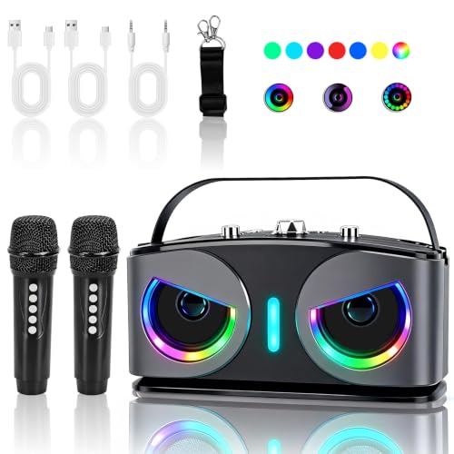 Máquina de Karaoke, con 2 Micrófonos Inalámbricos, Bluetooth 5.3 Sistema de Karaoke Portátil con Luces LED para Fiesta en Casa, al Aire Libre y Boda, Soporta TWS/TF Card/USB/AUX (Negro)