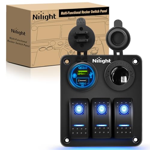 Nilight 3 Gang Rocker Switch Panel Pre-Wired Aluminum with PD Type C and USB Cigarette Lighter Socket Night Glow Stickers 12V 24V ON Off Switches for Car Trucks Boats RVs