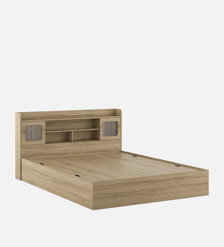 Image of Mintwud Pepperfry Engineered Wood Vida King Size Bed with Box Storage, Open Shelves and 2 Door | Wooden Double Bed Cot Palang Furniture for Living Room Bedroom Home and Hotels (Santana Oak Finish)