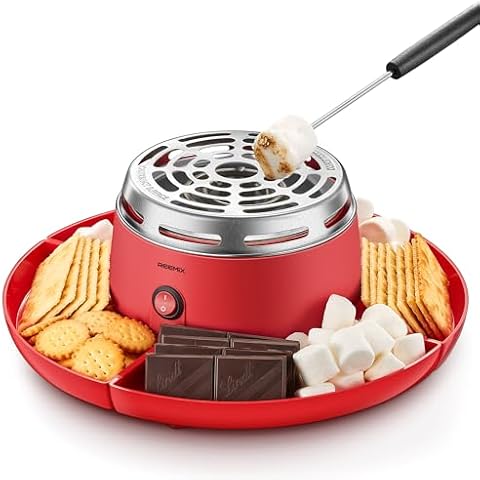S'mores Maker Tabletop Indoor, Reemix Flameless Electric Marshmallow Roaster with 4 Detachable Trays & 6 Roasting Forks, Gift Set & Date Night Idea, Red Cover