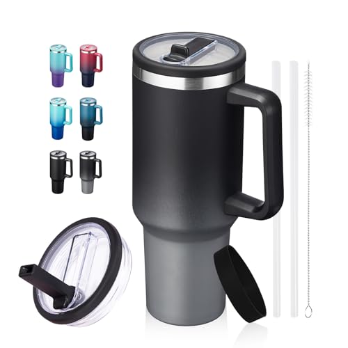 Image of ICIOI 40 oz Water Bottle Tumbler with Flip Straw - Wide Mouth Travel Coffee Mug with Handle, Reusable Leakproof Stainless Steel Vacuum Insulated Traveler Cup, Metal Jug Dishwasher Safe, Women Man