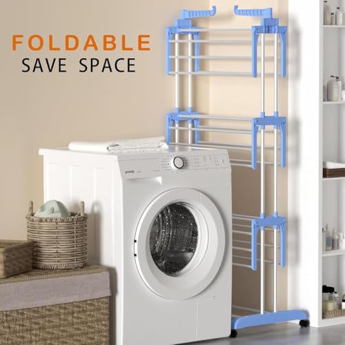 Image of Lukzer 3-Tier Foldable Clothes Drying Rack with Wheels | Stainless Steel Laundry Stand | Space-Saving, Heavy-Duty, Rust-Resistant for Indoor Outdoor Use - Towels, Clothes, Bedsheets