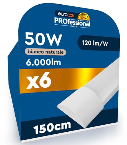 Eurocali 6 Plafoniere LED Lineari da Soffitto 50W 150CM Chip CREE 6000 Lumen Garanzia 6 Anni 120lm/W - Luce Bianca Naturale 4000K - Lampada Fascio 120° per Garage Negozio Ufficio
