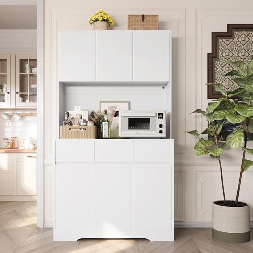 NBYSGO 71" Pantry Cabinet with Power Outlets and Led Lights,Freestanding Kitchen Pantry Storage Cabinet with Microwave Stand,Tall Kitchen Hutch with Storage Drawers,Dining Room,White