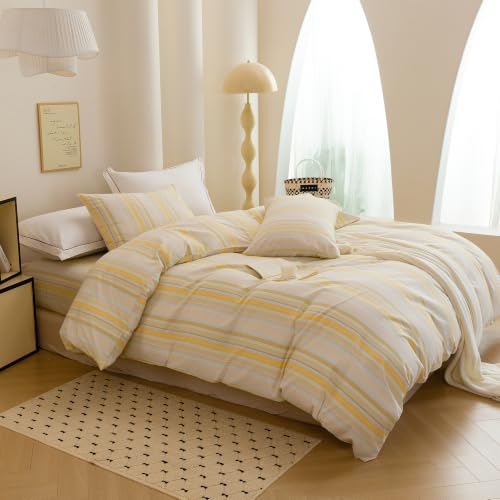 Image of Yellow Striped Duvet Cover Bedding Set 100% Washed Cotton Linen Like King