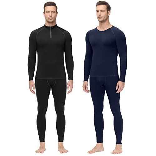 Odoland Men Thermal Underwear 2 Pack Sets, Warm Skiing Base Layer, Long Johns Fleece Lined Sport Top Bottom for Cold Weather,Black Mock Neck+Navy Crew Neck,M