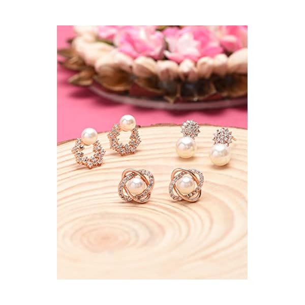 Zaveri Pearls Enchanting Gold Tone Floral Cubic Zirconia & Pearl Stud Earring For Women-ZPFK9456 - Image 7