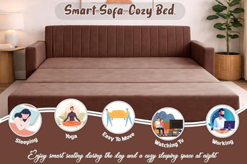Image of Sofa-Cum-Bed | Three-Seater Sofa Couch with Armrest | Modern Fabric Sofa Bed for Living Room, Bedroom & Office-Brown