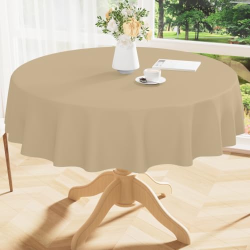 Image of Smiry Round Table Cloth 60 inch, Waterproof Wipeable Vinyl Tablecloth | Oil Spill Proof Plastic Table Cover, Flannel Backed Table Cloths for Dining, Picnic, Camping, Outdoor, Khaki