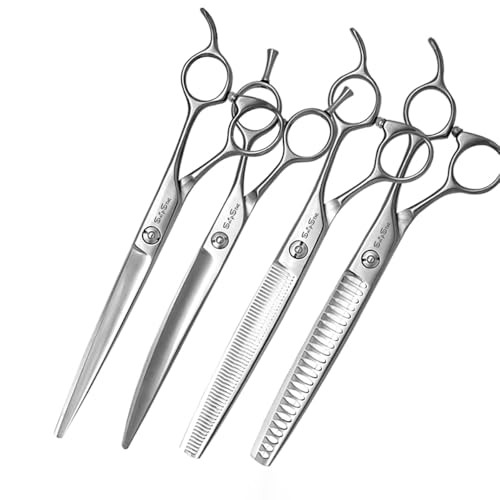 SnipStar 7.5 inch Professional Pet Scissors 4PCS Set Straight Curved Chunker and Thinning Shears,Sliver