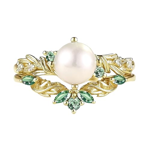 Natural White Pearl Engagement Ring Set for Women - Gold Pearl Rings for Women 10K 14K 18K Wedding Birthday Anniversary Jewelry Gifts for Mom Women (AAA Quality)