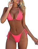 ATENGNES Women's 2 Piece Swimsuit Halter String Bikini Adjustable Bathing Suit with Padded Fluorescent Pink