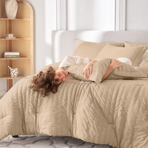Image of MUXHOMO 7 Pieces Oversized King Comforter Set, Seersucker Bed in a Bag Oversized King Size, All Season Luxury Bedding Set with Comforter, Flat Sheet, Fitted Sheet, Pillowcases & Shams, Khaki