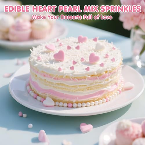 Image of Edible Heart Sprinkles for Cake Decorating,White Pink Pearl Sugar Jimmies Mix Size 130g /4.58oz,Baking Candy Decorations,Cupcake Toppers,Cookie Donuts Ice Cream Dessert Decorating,Wedding Birthday Party Supplies