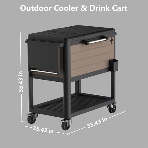 Image of 104 QT Patio Cooler Cart with Wheels, Outdoor Rolling Ice Chest Cooler for Patio, Pool, Deck & Backyard, Portable Beverage Bar Cart with Double Lid, Foldable Side Tables, Bottle Opener & Storage Shelf