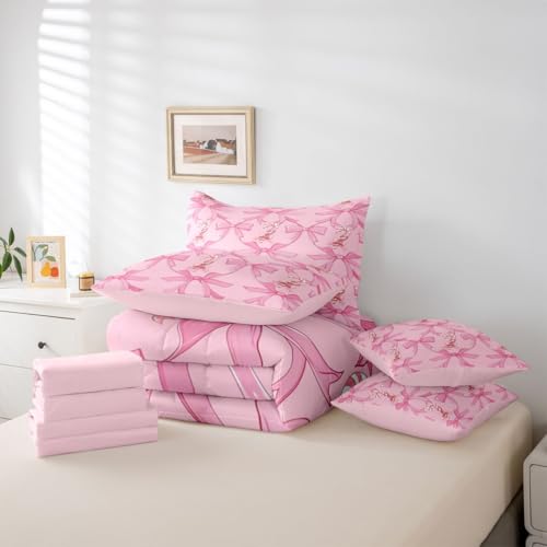 Image of Kawaii Full Size Bed Sheets and Comforter Set | Pink Bow 7-Piece Bedding Set Santa Sticks Candy Canes Bed in a Bag, Dreamy Ribbon Princess Bowknot Bed Sets,Cute Aesthetic Room Decor
