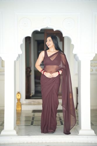 Image of StyleScope Women's Plain Georgette Ready To Wear One Minute Saree With Unstitched Blouse Piece (Kalki)