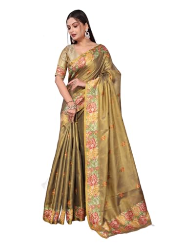 Image of SWORNOF Gold-Toned Woven Design Silk Zari Tissue Saree | Saree for Women | Soft and Skin Friendly