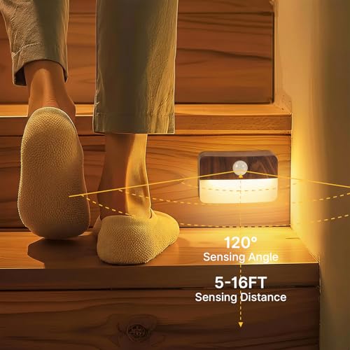 Image of Guankai 16 Pack Motion Sensor Stair Light for Indoor, Battery Operated Closet Lights, Wireless Stick on Anywhere Hallway Lamp, Portable Led Night Lamps for Bedroom Under Cabinet Kitchen, Wood Grain