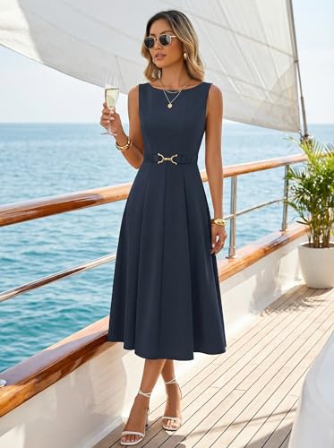 Image of ZESICA Women's Summer Sleeveless 2026 Formal Cocktail Party Midi Dresses | Boat Neck, Flowy A Line Tie Waist, Business Casual Work Office Dressy Outfits, Elegant Beach Wedding Guest Graduation Dress