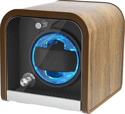 Watch Winder for Automatic Watches, Single Watch Winders Box for Rolex, Walnut Grain Design with 4 Rotation Mode Setting & Blue LED Light, Supports 2 * AA Batteries (Not Included), Gift for Man