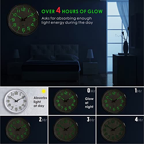 Image of Plumeet Night Light Wall Clocks, 13 Inches Clock with Silent Non-Ticking Glowing for Indoor Kitchen Bedroom, Large Number Battery Operated (Silver)