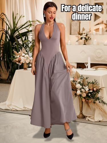 Image of ChiaoLezhee Deep V Neck Dress, Halter Maxi Dresses, Vacation Date Night, Sexy for Women Corset Flowy Wedding Guest Drop Waist