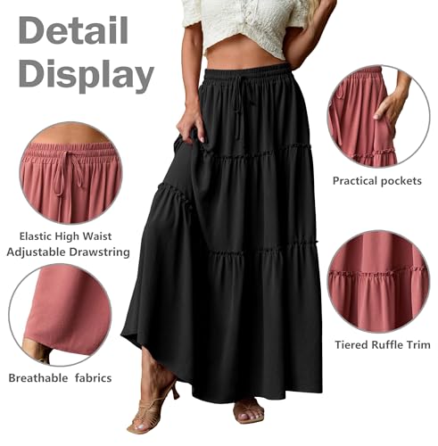 Image of Lepunuo Womens Casual Boho High Waisted Flowy Maxi Skirts Tiered Floral Long Skirts with Pockets for Summer Beach Vacation