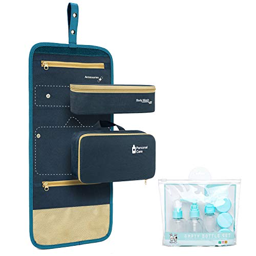 Hanging Toiletry Bag for Women Travel Kit Waterproof Detachable Makeup Organizer Cosmetic Bag Travel Case with Empty Bottle Set (Navy Blue)