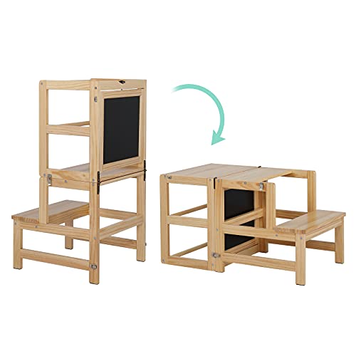 Image of JOYMOR Kids Kitchen Standing Tower with Safety Rail, Chalkboard, Children Learning Step Tower for Kitchen Counter, Mothers' Helper (Natural)