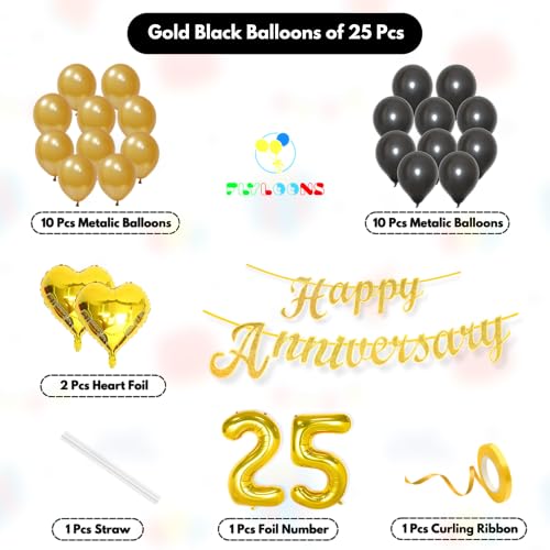 Image of Flyloons 25th Happy Anniversary Decoration Items Gold Black for Women Husband Wife Mom Dad Couple Bedroom Car With 20 Pcs Metallic Balloons Anniversary Banner 2 Pcs Heart Set Kit Golden Silver Jubilee