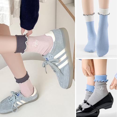 Image of Women Girls Summer Ruffle Turn-Cuff Casual Crew Socks Cute Breathable Combed Cotton Blend Colorful Sock (3 Pairs, Grey, Blue, Pink)