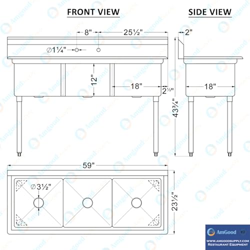 Image of AmGood Stainless Steel Prep & Utility Sink | 304 Stainless Steel | Restaurant, Kitchen, Laundry, Garage | NSF (23 in. x 59 in. | Three Bowls)