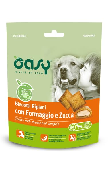OASY Cane SNACK • Biscotti Ripieni con Formaggio e Zucca | snack per cani adulti di tutte le taglie, ideali per l'addestramento, con antiossidanti naturali, 3 confezioni da 80 grammi l'una.