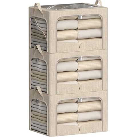 3 Pack Clothes Storage Bins with Metal Frame- Foldable Storage Organizer Bin for Clothes Linen Fabric Storage Box with Lid ＆Clear Window (Beige, 19.7x15.7x12.6inch) Cover