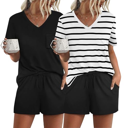 Image of RUBZOOF Women's Short Sleeve Pajama Sets with Pockets Casual V Neck 2 Piece Lounge Sets S-3XL