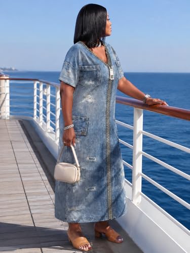 Image of SUZONANA Plus Size Denim Print Maxi Dresses for Women Casual V Neck Short Sleeve with Pockets Soft Jean Look Dress XL-6XL