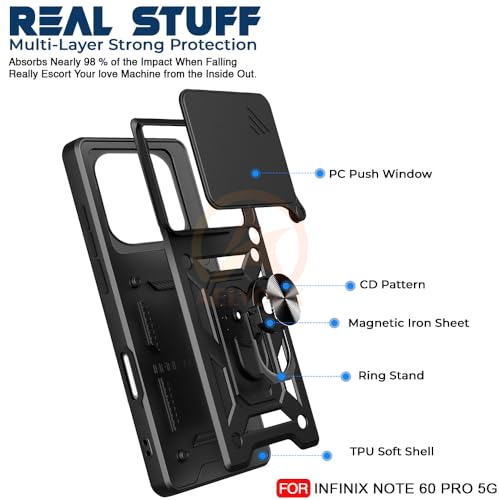 Image of Armor Bumper Back Cover Case for Infinix Note 60 Pro 5G | Rotating Camera Cover, Ring Holder & Kickstand | Heavy Duty & 360 Degree Protection Infinix Note 60 Pro 5G Back Cover (Black)