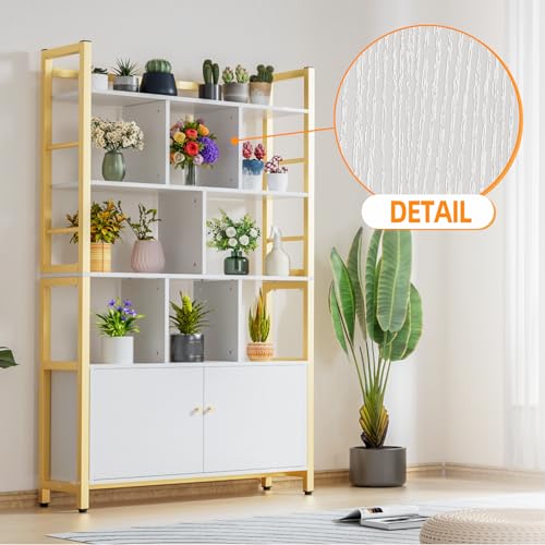 Image of Gold and White Bookshelf with Doors, 4 Tier 39.4in Wide Heavy Duty Bookshelves with Cabinet Storage, Large Book Shelf 64.2 inch H x 39.4 inch W x 11.8 inch D Office Shelving, Wood & Metal Bookcase Living Room