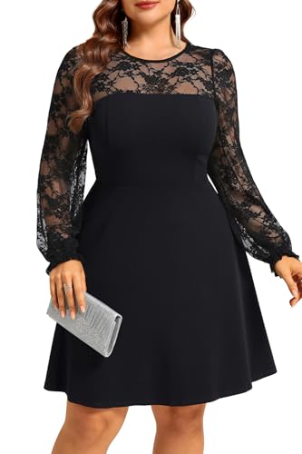 Image of Plus Size Cocktail Dress - Lace Wedding Guest Party Crew Neck Short A Line Dresses Women