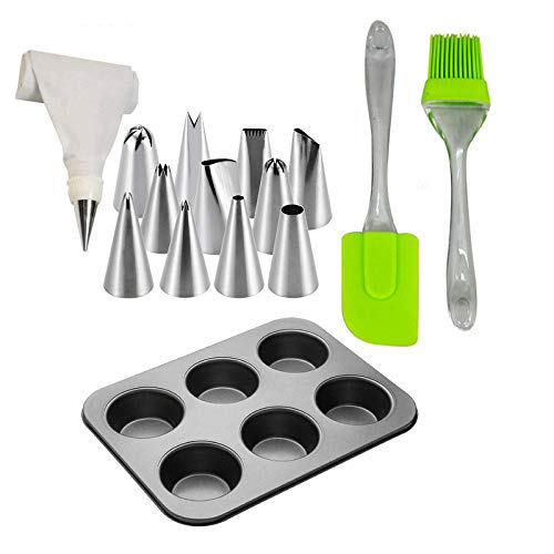 Shopoholic Cupcake Mould Tray with Silicone Brush and Spatula, Icing Nozzle for Cake Decoration