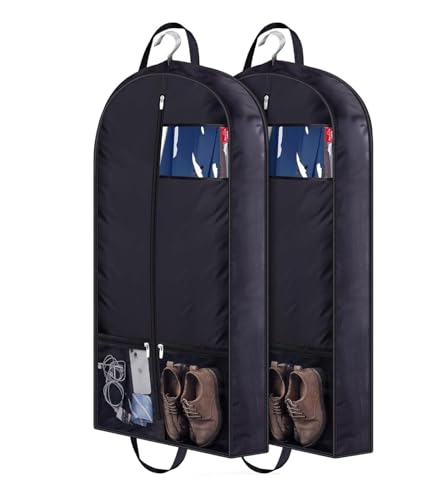 Habrur Clothes Cover 2pcs Garment Bags With 5''Gussets Suit Bag Closet Storage Hanging Clothes Bag Suit Bags, 60*110cm, Black