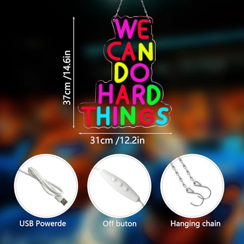 Image of We Can Do Hard Things Neon Signs Dimmable LED Inspire Neon Lights Wall Decor for Kids Room Classroom Bedroom Living Room Study Gift Art for Kids Friends -14.61 x 12.2 IN-USB Powered-Acrylic