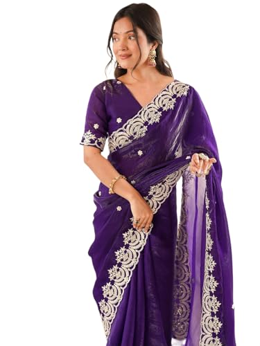 Image of SIRIL Women's Tissue Silk Sequence Embroidery Saree With Unstitched Blouse Piece